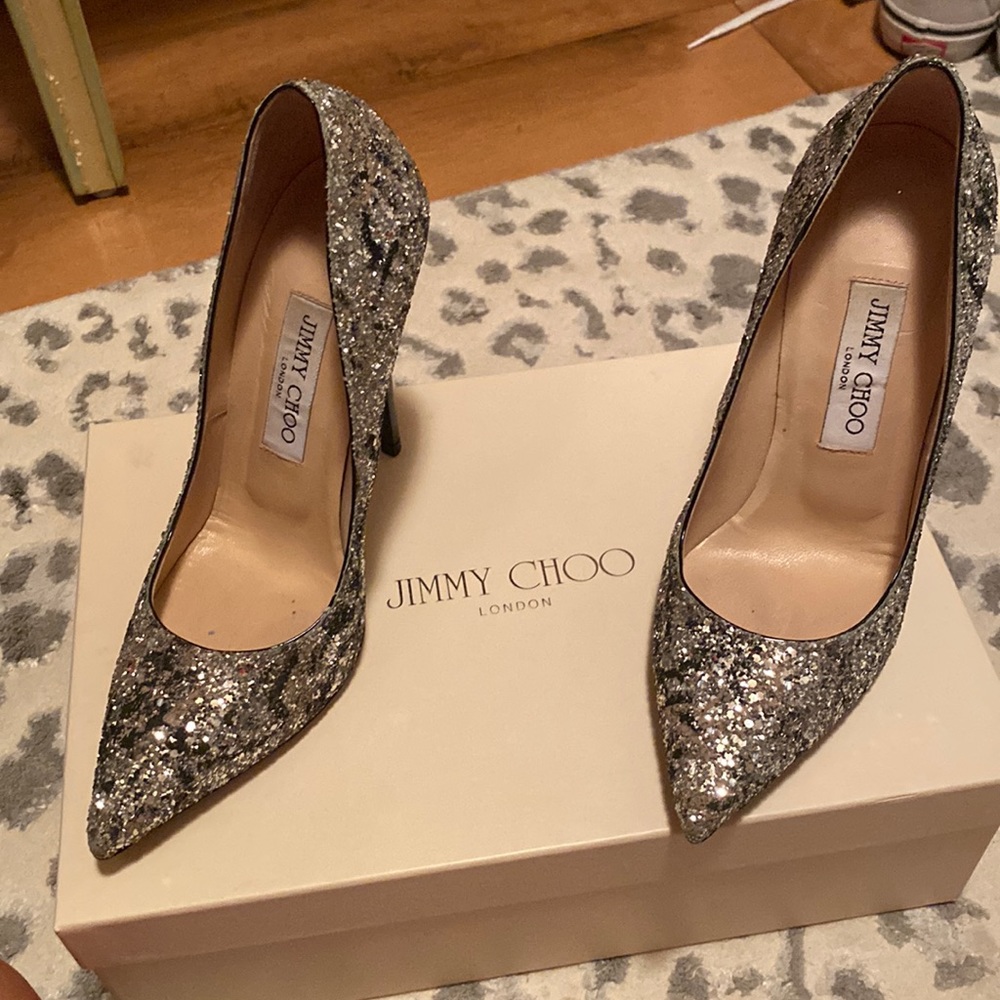 Jimmy choo black and silver glitter pumps